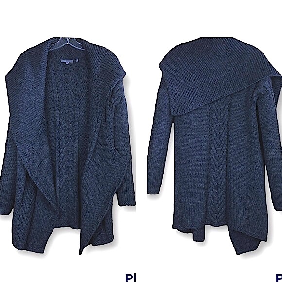 VINCE. Charcoal Gray Asymmetrical  Open Front Cardigan Sweater Cable Knit Sz XS - Picture 3 of 9